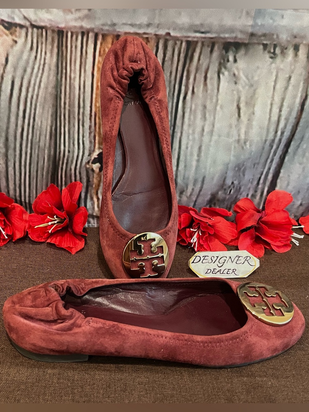 TORY BURCH Reva Burgundy Suede Logo Flats Size 7 M
